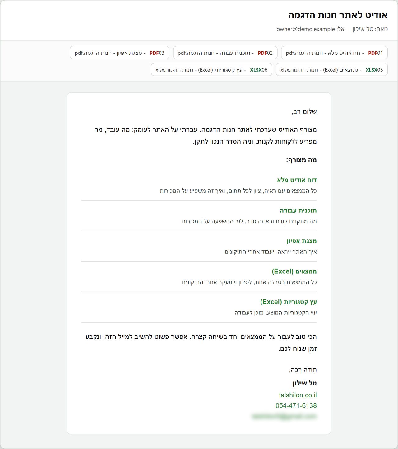 המייל שהלקוח מקבל: נושא, הקבצים המצורפים והסבר קצר על כל מסמך